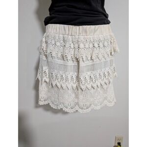 English Rose Cream Lace Tiered Mini Skirt Cottagecore Lined Cotton Large